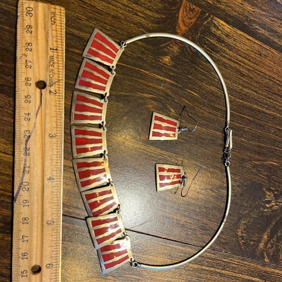 Silver - Burnt Orange Choker Necklace And Earrings Set - Picture 4 of 4